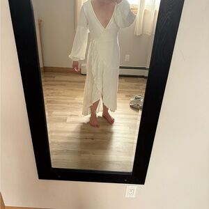 Lulu's Cream Wrap Midi Dress with Ruffle Trim and Bishop Sleeves